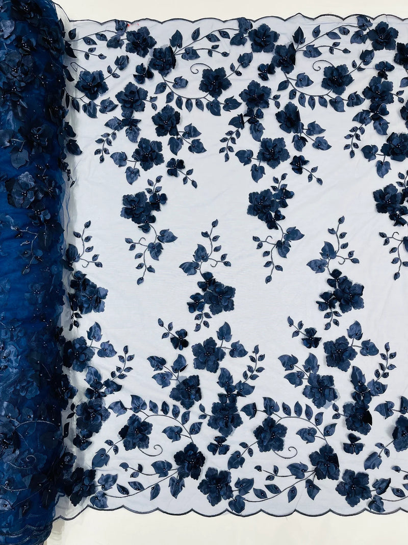 3D Floral Pearl Fabric - Navy Blue - Embroidered Floral Pearl Fabric Double Border On Mesh By Yard