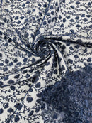 Shimmer Glitter Flower Fabric - Navy Blue - Small Glitter Flower Design on Lace Sold By Yard