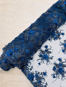 3D Flower Sequins Design - Navy Blue - Embroidered Pearl Sequins Floral Clusters Lace Fabric By Yard