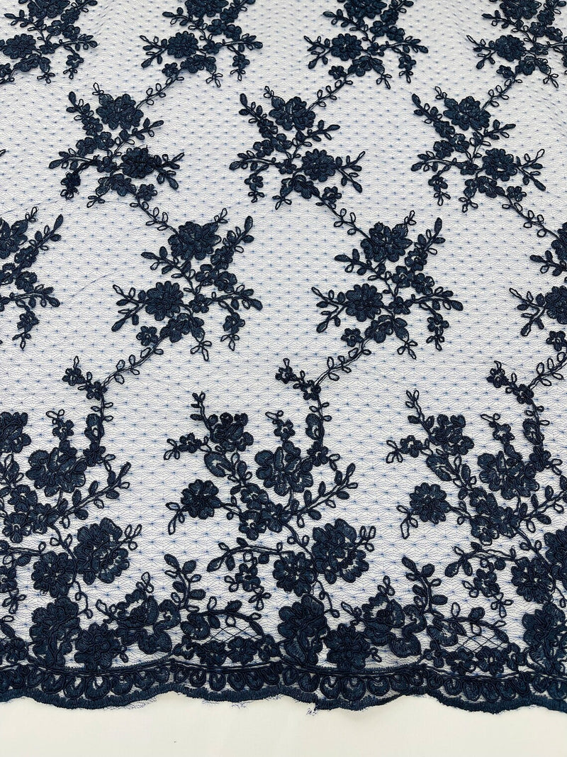 Embroidered Corded Lace Fabric - Navy Blue - Cluster Fancy Flower Embroidered Lace Fabric By Yard