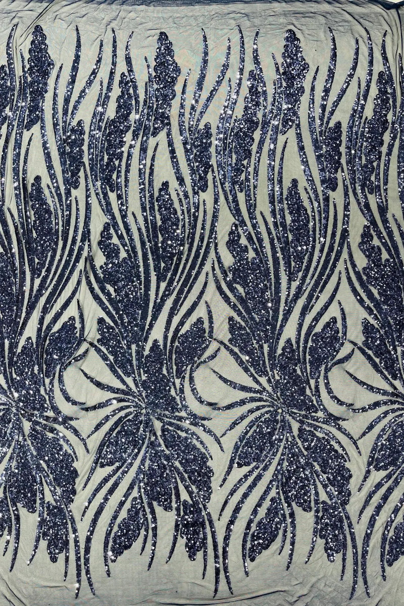 Wavy Leaf Sequins Fabric - Navy Blue - Wavy Lines and Leaves Design on Lace Mesh Fabric by Yard