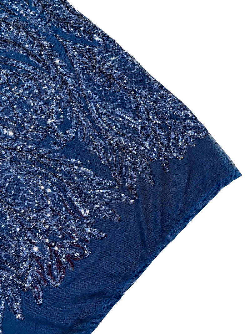 Mermaid Design Sequins Fabric - Navy Blue - Sequins Fabric 4 Way Stretch on Mesh By Yard