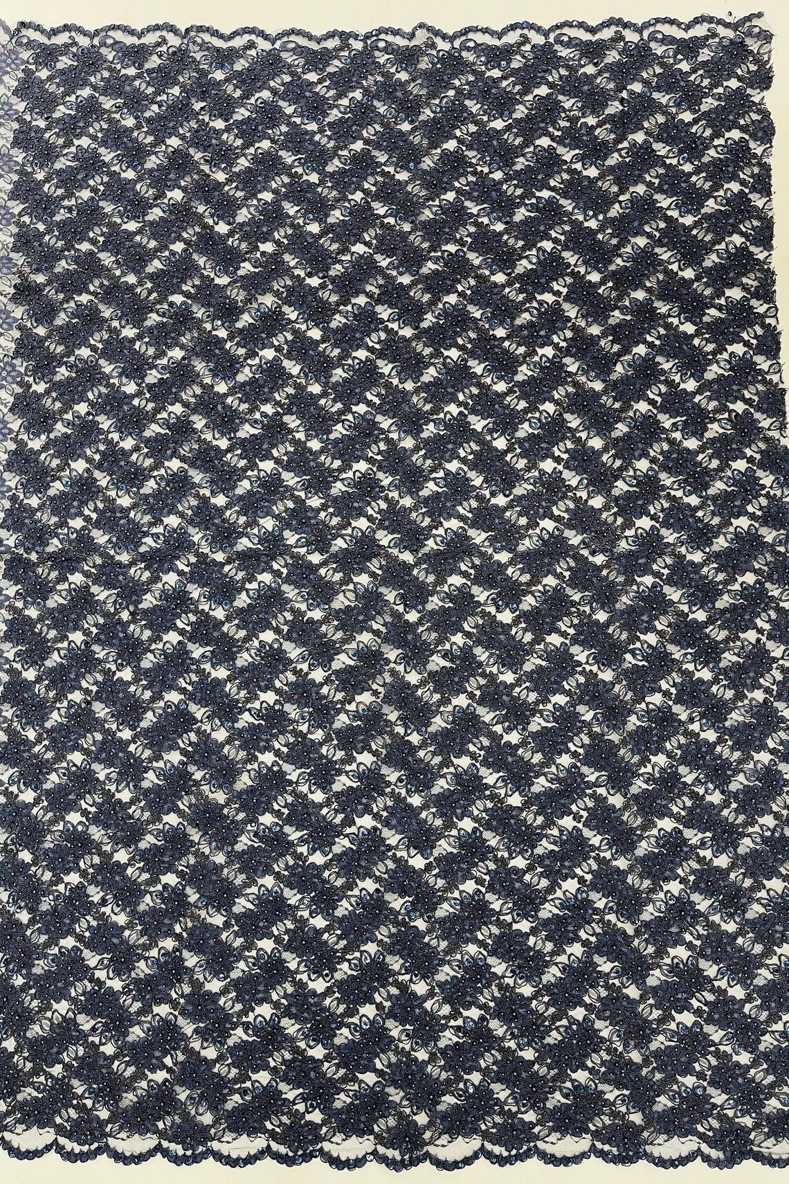 Floral Pearls and Sequins Fabric - Navy Blue - Beaded Fabric Embroidered Lace By The Yard