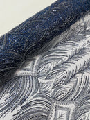 Beaded Lines Fabric - Navy Blue - Luxury Beads and Sequins Line Design Fabric By Yard