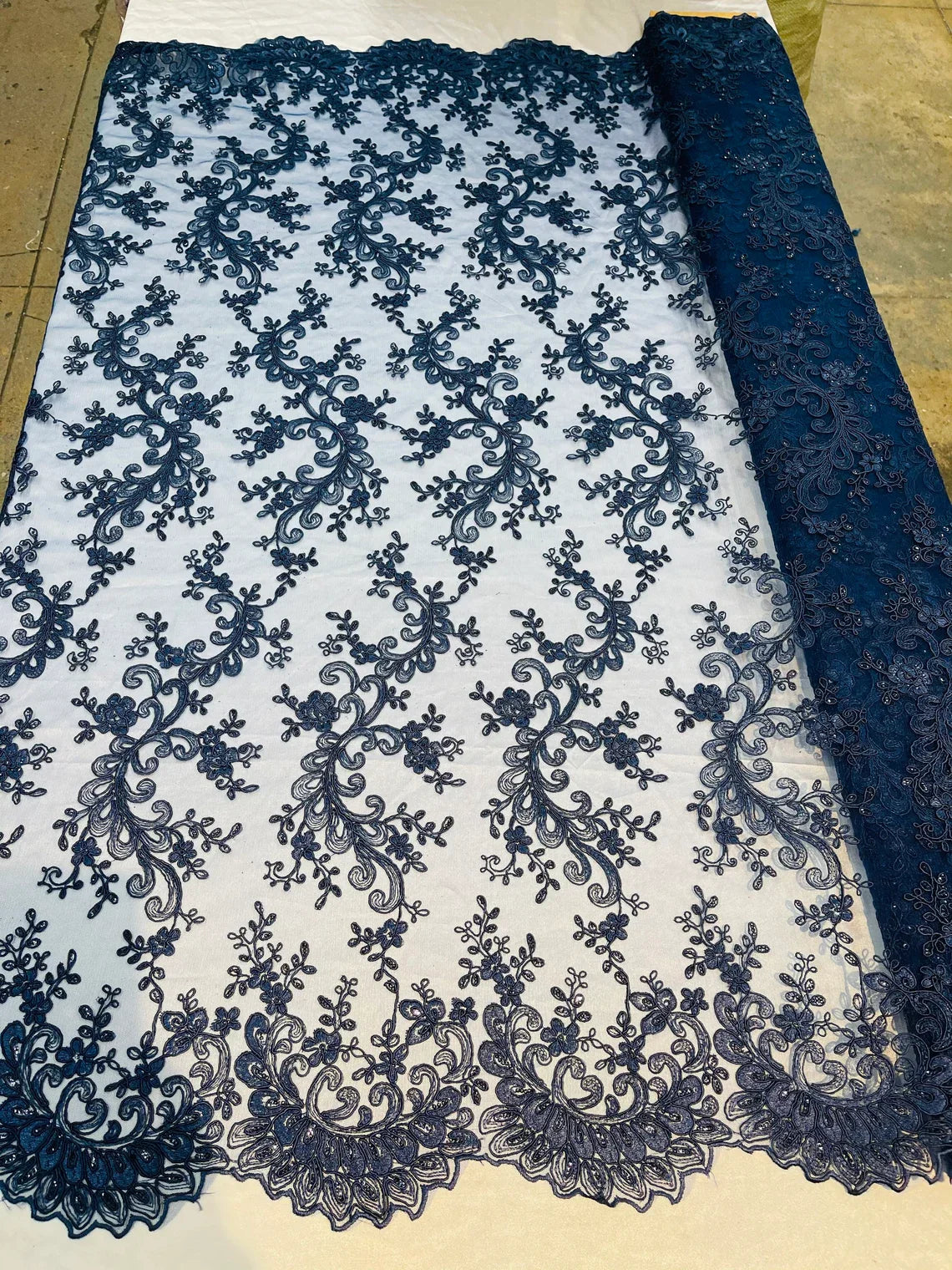 Lace Sequins Fabric - Corded Flower Embroidery Design Mesh Fabric - 25 Yard Roll