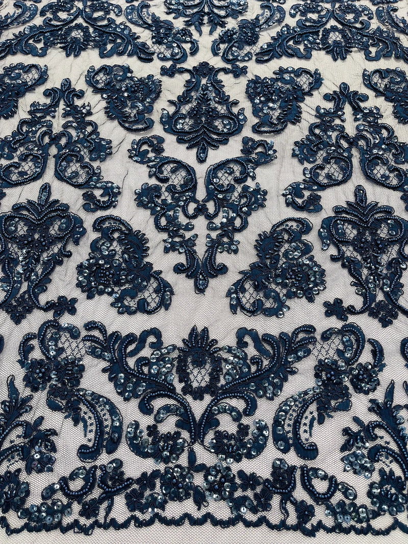 Beaded My Lady Damask Design - Navy Blue - Beaded Fancy Damask Embroidered Fabric By Yard
