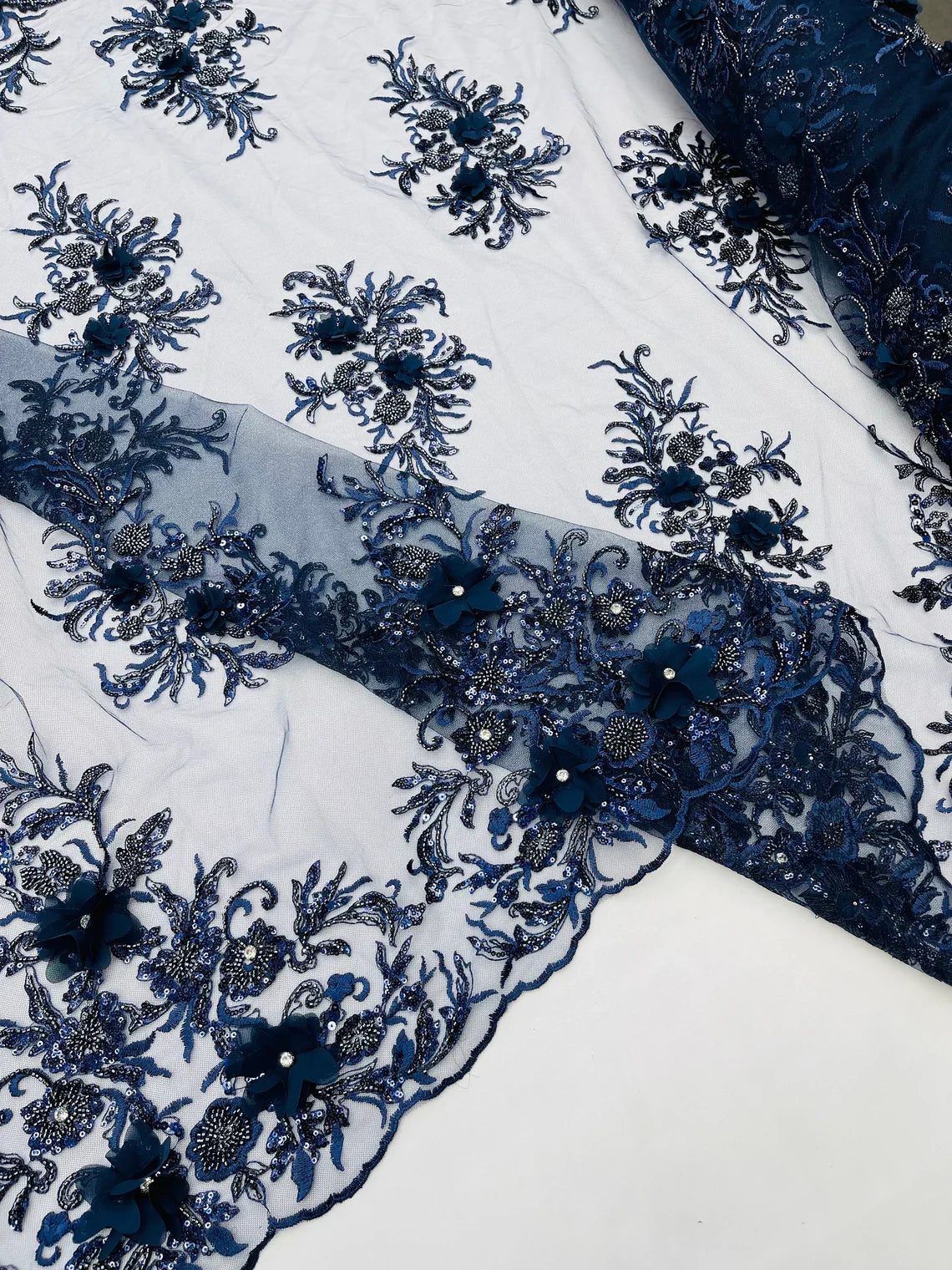 3D Floral Rhinestone Fabric - Navy Blue - Beaded Flower Clusters with Rhinestones and Sequins By Yard