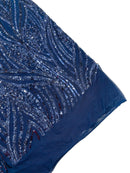 Curvy Line Design Fabric - Navy Blue - 4 Way Stretch Sequins Design Mesh Lace Fabric by Yard