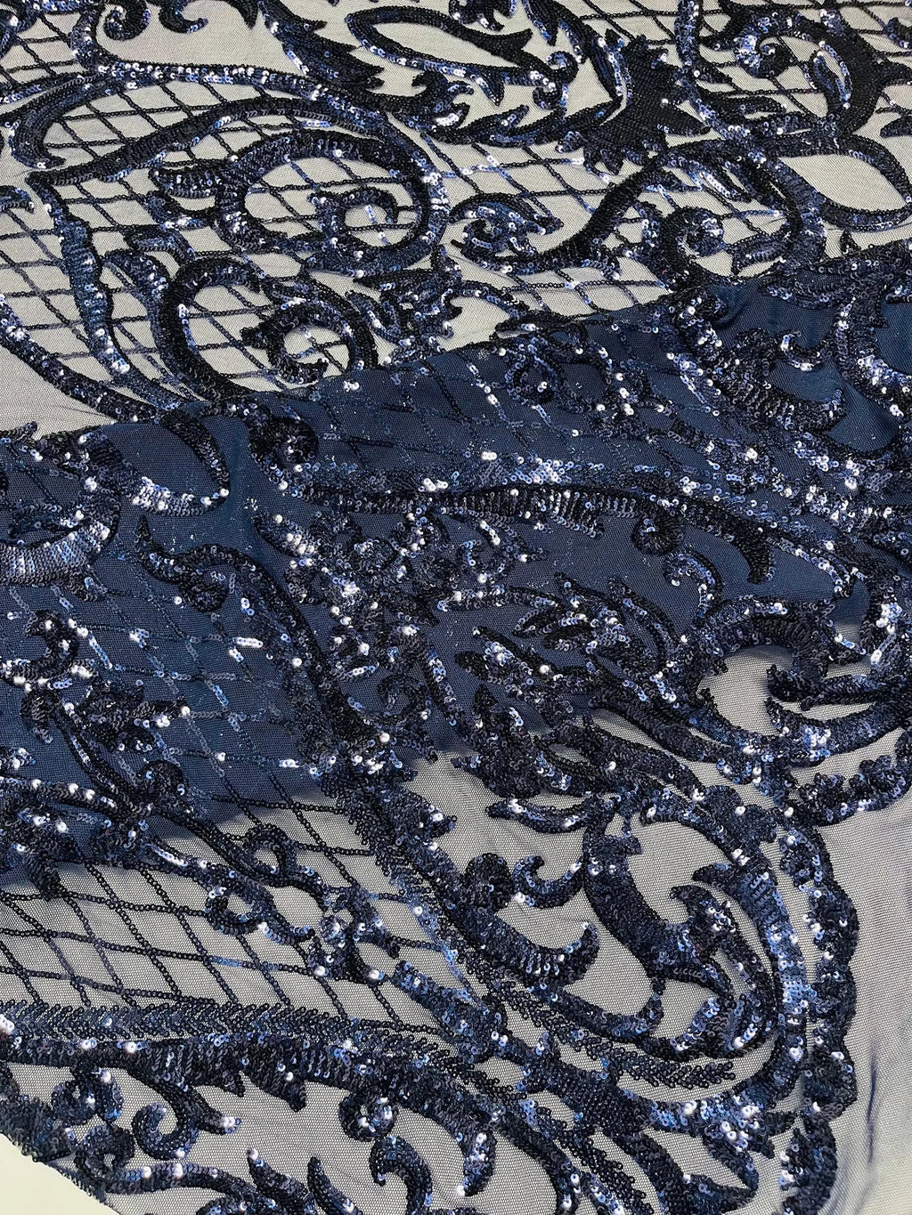 Heart Damask Sequins - Navy Blue - 4 Way Stretch Sequins Fabric By Yard