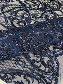 Heart Damask Sequins - Navy Blue - 4 Way Stretch Sequins Fabric By Yard