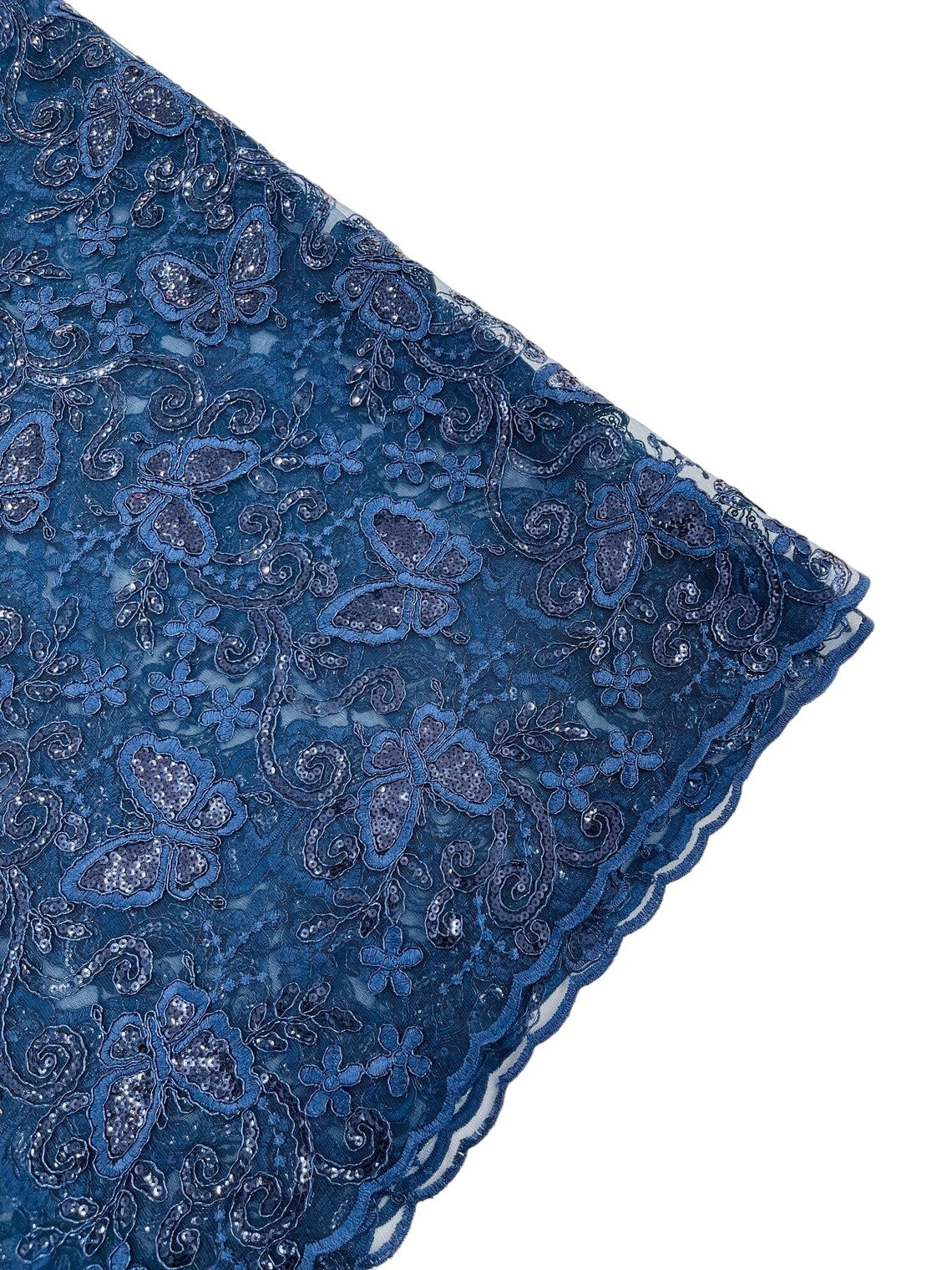 Butterfly Sequins Fabric - Navy Blue - Metallic Floral Butterfly Design on Lace Fabric By Yard