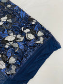 Orchid Design Sequins - Navy Blue - 4 Way Stretch Full Sequins Floral Design Mesh Fabric By Yard