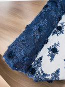 3D Floral Pearl Design - Navy Blue - Floral Embroidered Pearls and Sequins Fabric By Yard