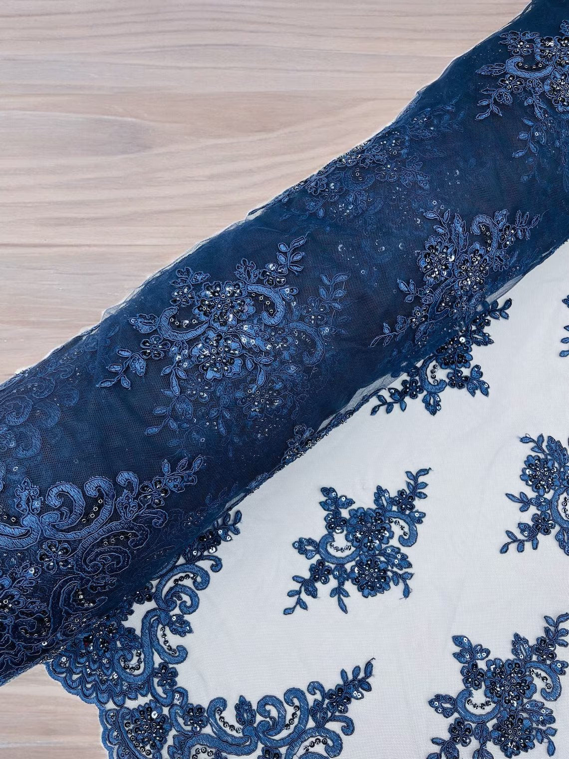 Beaded Floral Fabric - Navy Blue - Floral Cluster Design Fabric with Damask Border by Yard