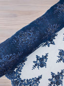 Beaded Floral Fabric - Navy Blue - Floral Cluster Design Fabric with Damask Border by Yard