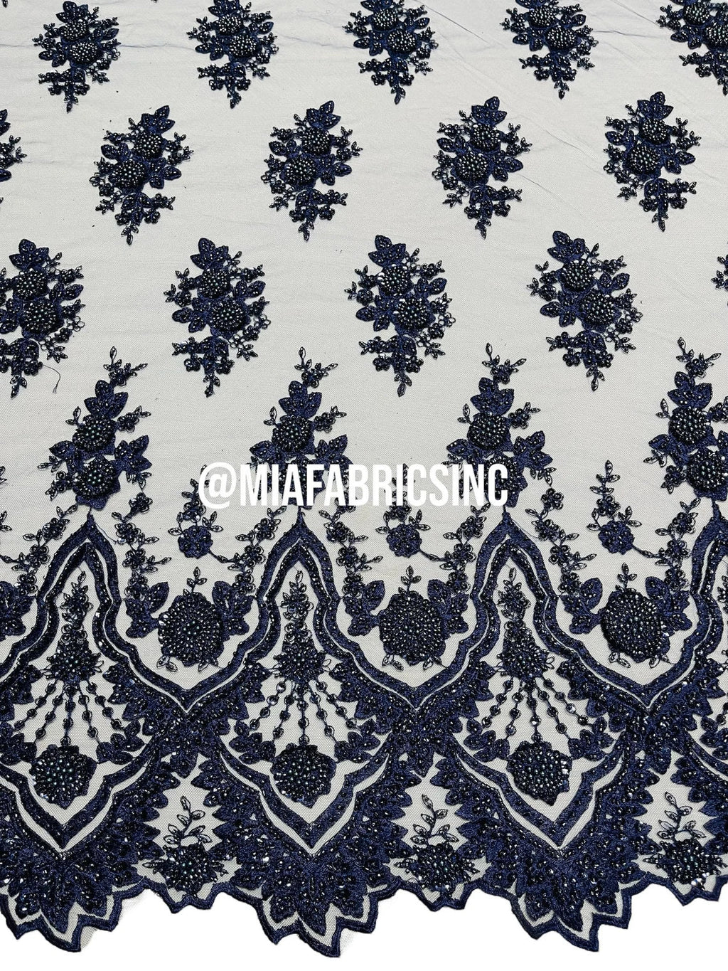 Round Flower Beaded Fabric - Navy Blue - Embroidered Fashion Design Beads and Sequins On Mesh by The Yard