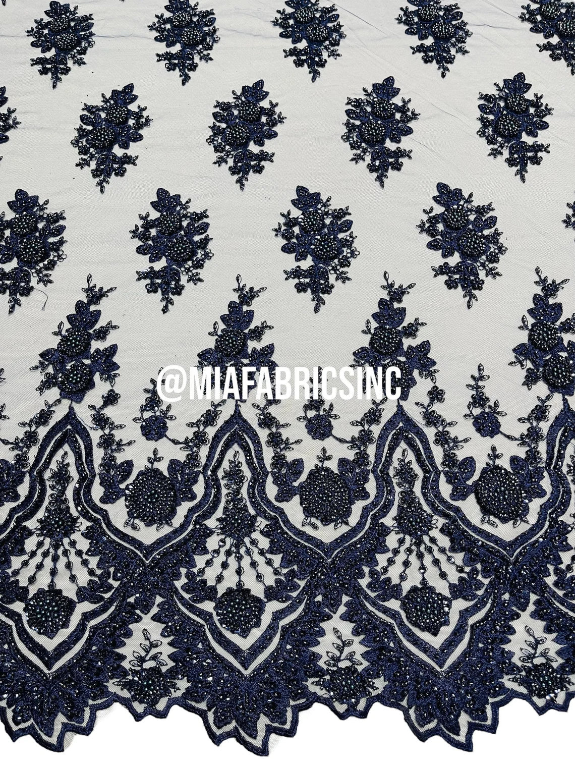 Round Flower Beaded Fabric - Navy Blue - Embroidered Fashion Design Beads and Sequins On Mesh by The Yard