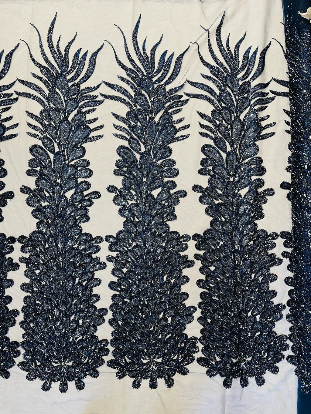 3D Beaded Peacock Feathers - Navy Blue - Vegas Design Embroidered Sequins and Beads On a Mesh Lace Fabric (Choose The Panels)