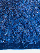 Feather Sequin Velvet Fabric - Navy Blue - 5mm Sequins Velvet 2 Way Stretch 58/60" Fabric By Yard