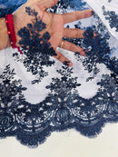Floral Damask Lace Fabric - Navy Blue - Embroidered Damask Flowers on Lace Fabric By Yard