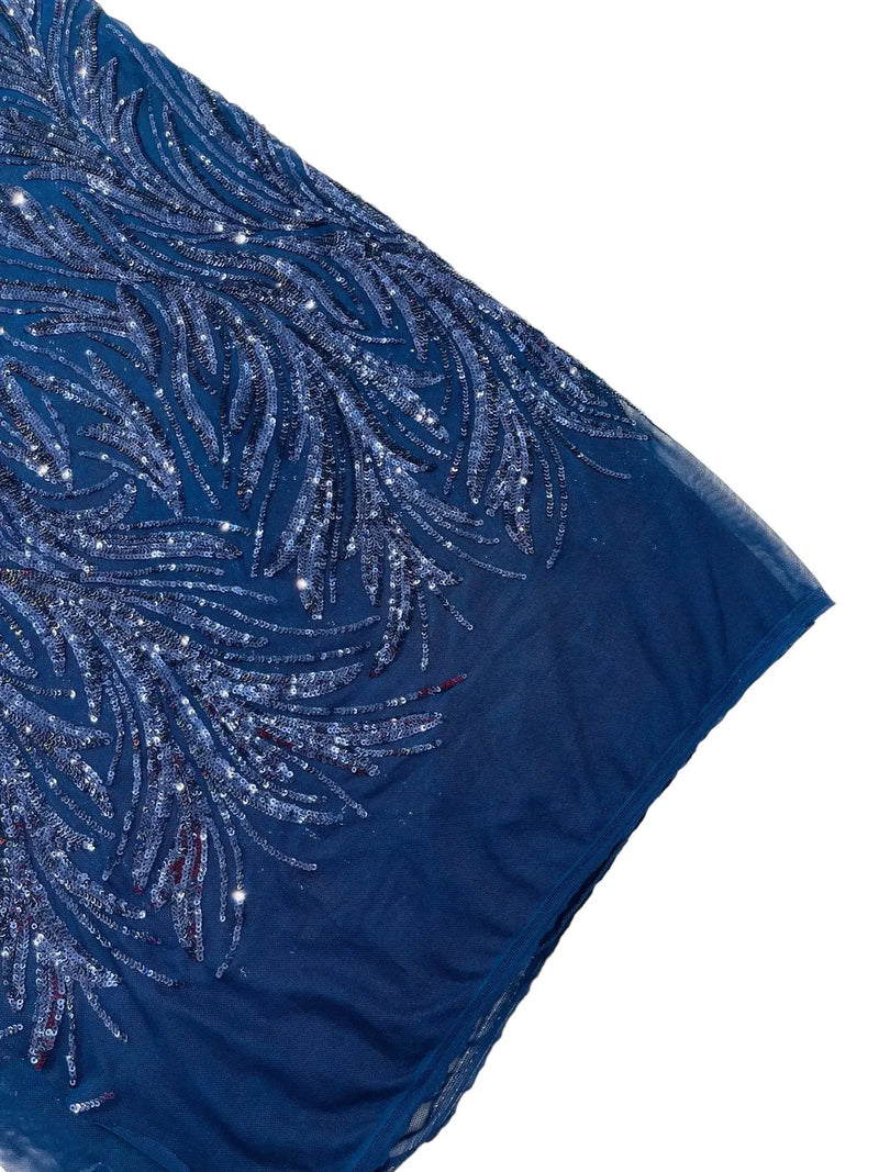 Leaf Design Stretch Sequins - Navy Blue - 4 Way Stretch Lace Mesh Sequins Fabric by Yard