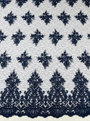Damask Border Corded Lace - Navy Blue - Floral Cluster Design Damask Border on Lace Fabric Yard