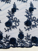3D Flower Cluster Fabric - Navy Blue - 3D Flower Leaf Design Fabric with Pearls Sold By Yard