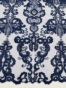 King Lace Pattern Fabric - Navy Blue - Embroidered Sequins on Lace Mesh Fabric By Yard