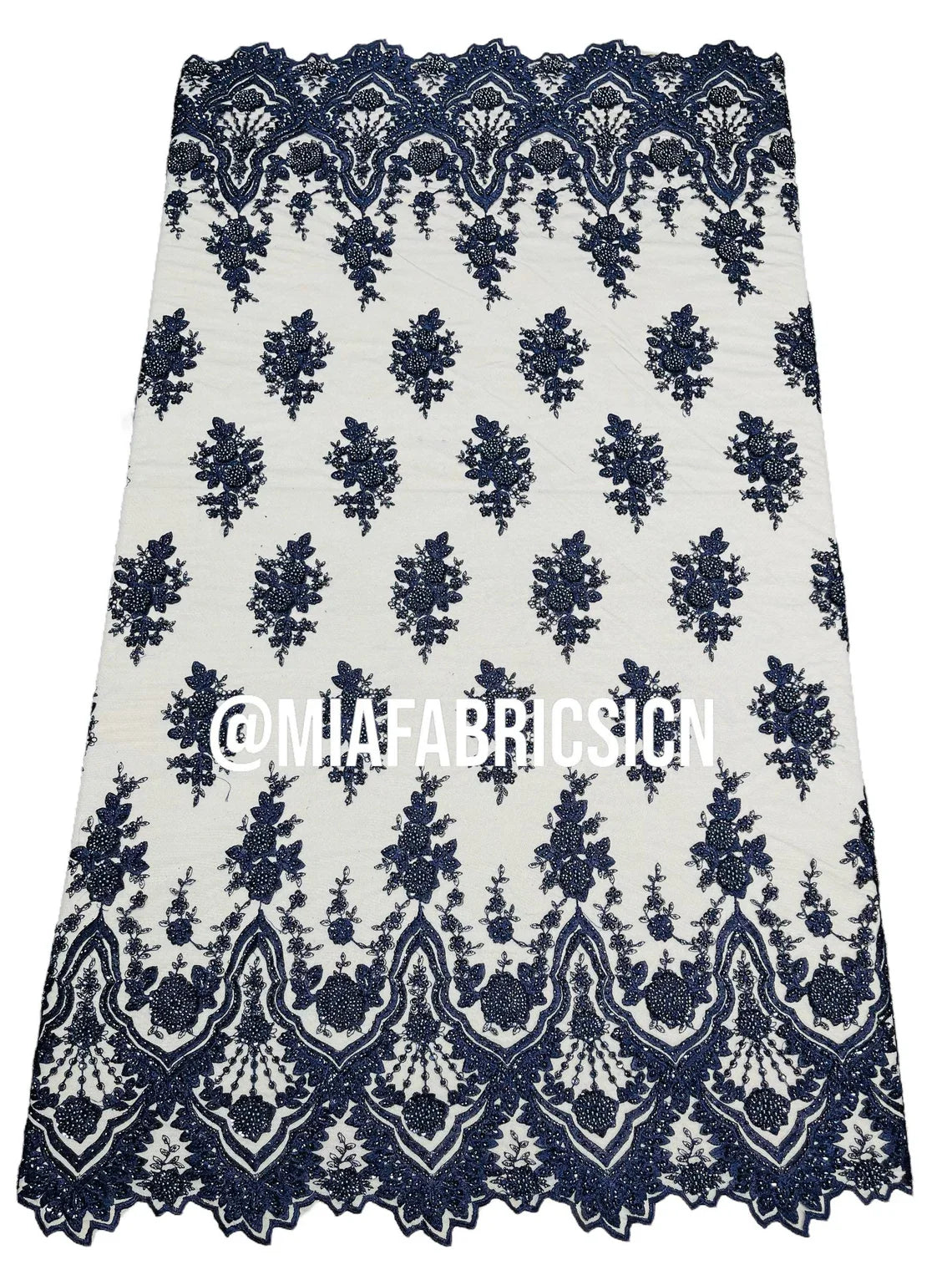 Round Flower Beaded Fabric - Navy Blue - Embroidered Fashion Design Beads and Sequins On Mesh by The Yard