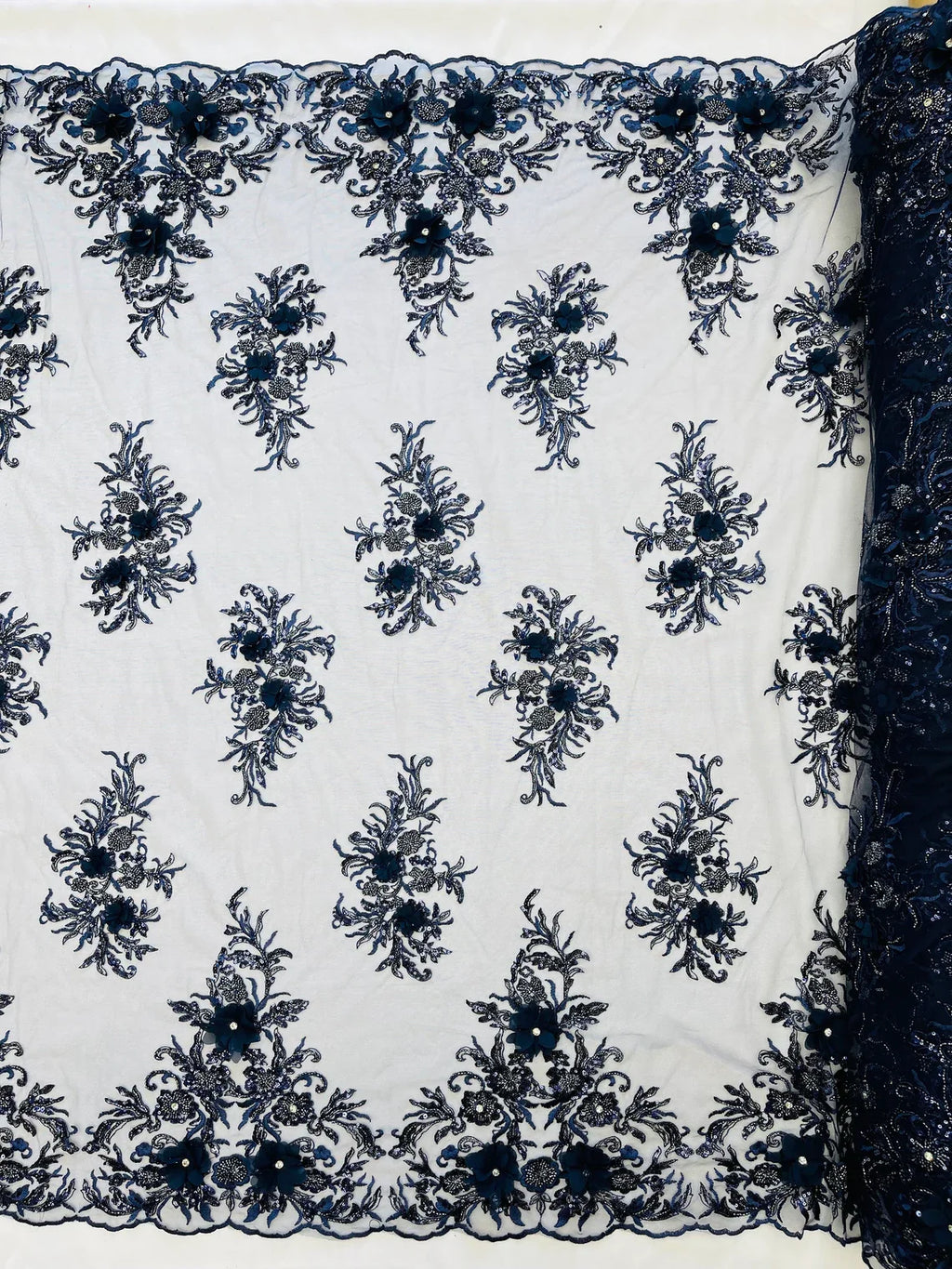 3D Floral Rhinestone Fabric - Navy Blue - Beaded Flower Clusters with Rhinestones and Sequins By Yard