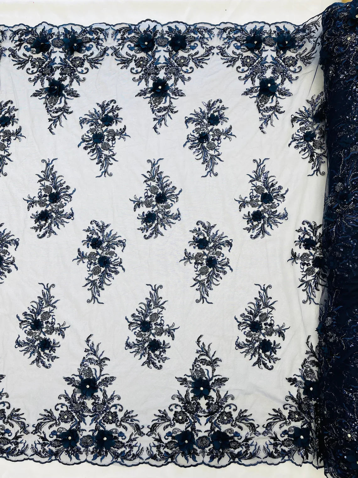 3D Floral Rhinestone Fabric - Navy Blue - Beaded Flower Clusters with Rhinestones and Sequins By Yard