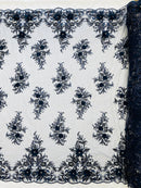 3D Floral Rhinestone Fabric - Navy Blue - Beaded Flower Clusters with Rhinestones and Sequins By Yard