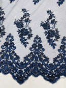Beaded Floral Fabric - Navy Blue - Embroidered Flower Cluster Beaded Fabric Sold By Yard
