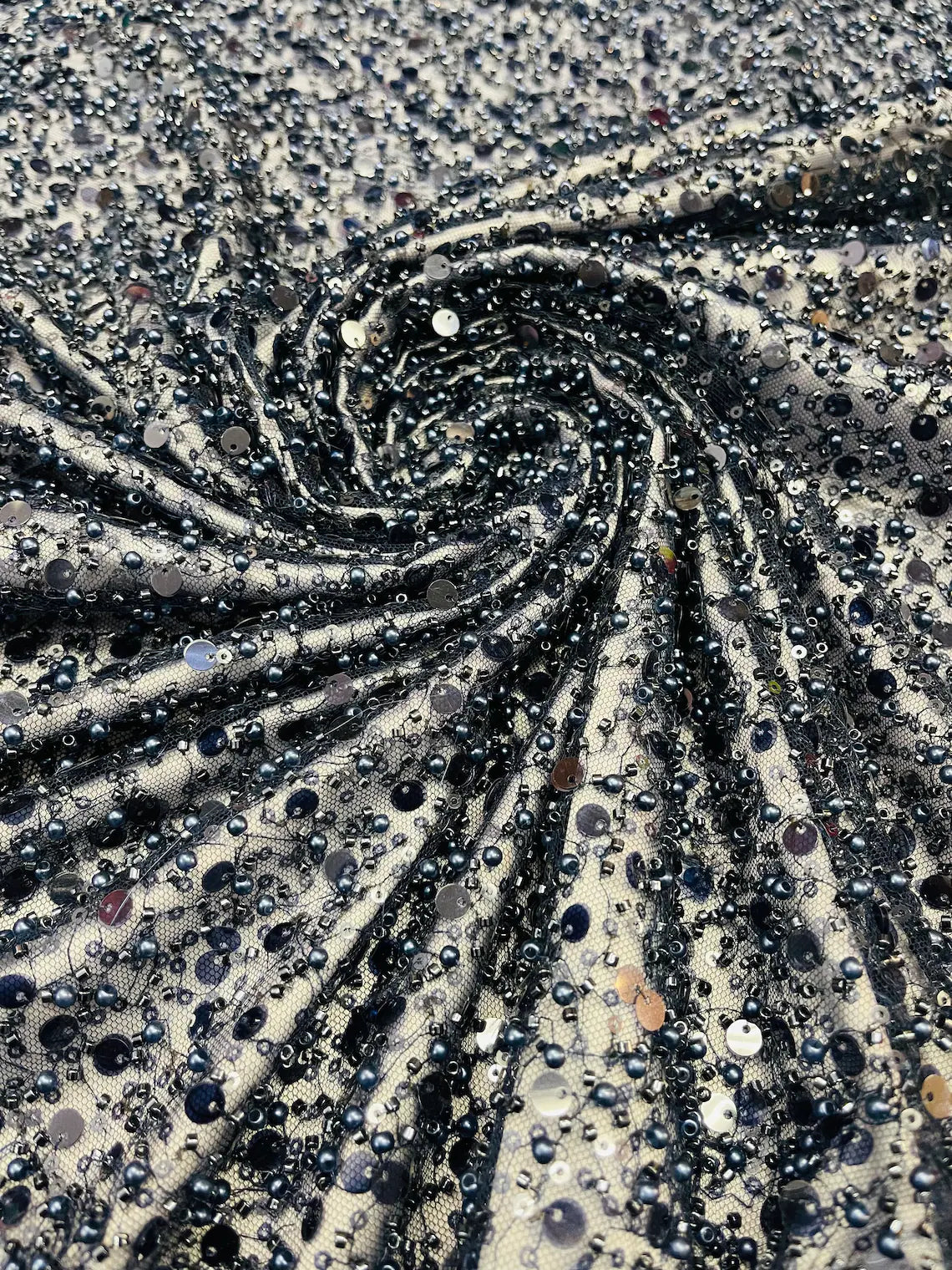 Heavy Duty Sequins Pearl Fabric - Navy Blue - Heavy Handmade Embroidery Lace with Sequins All Over By Yard