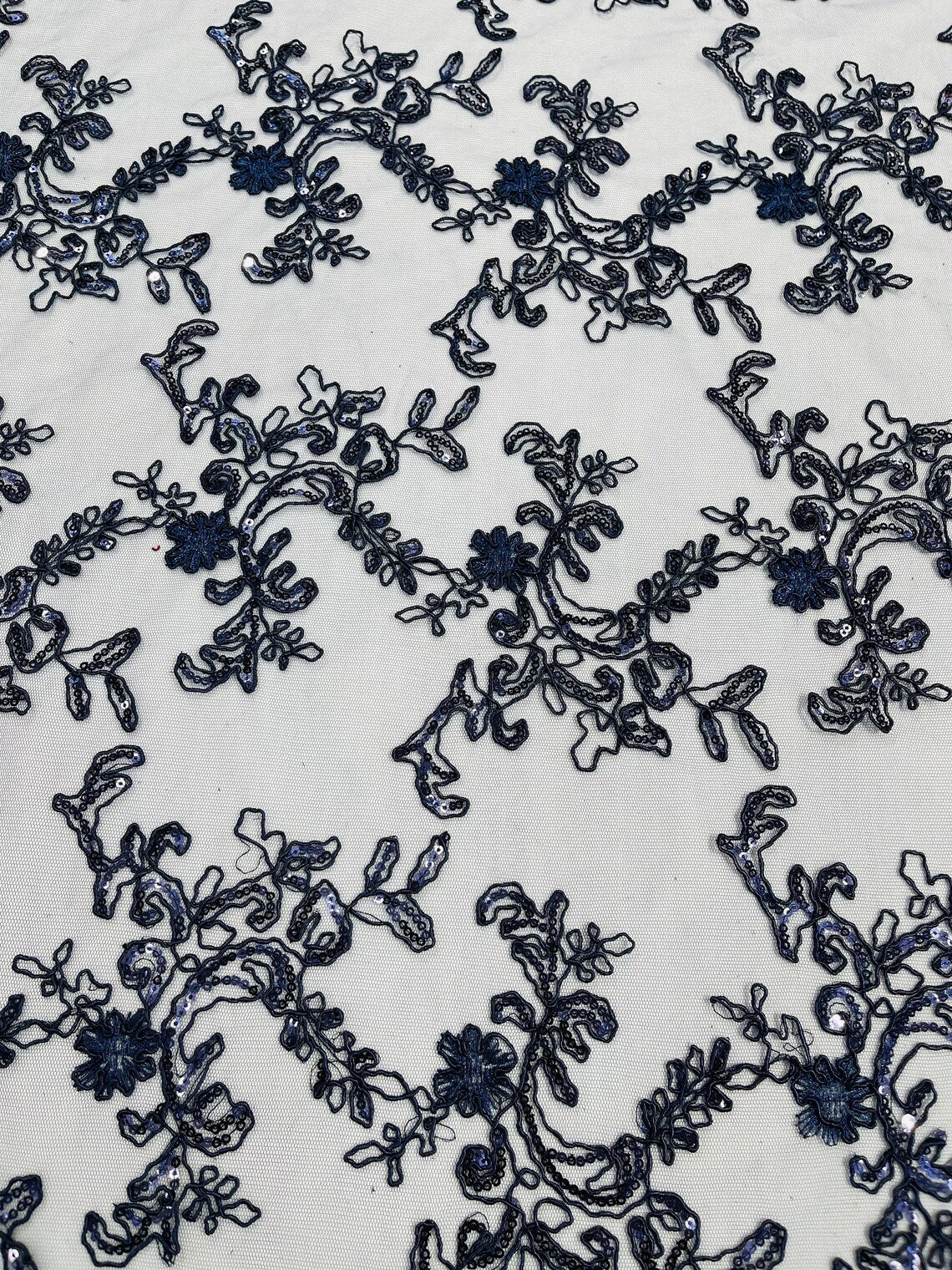 Floral Sequins Lace Fabric - Navy Blue - Embroidery Flower Clusters Design with Shiny Sequins  Fabric Sold By Yard