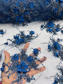 3D Flower Sequins Design - Navy Blue - Embroidered Pearl Sequins Floral Clusters Lace Fabric By Yard