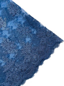 Floral Damask Lace Fabric - Navy Blue - Embroidered Damask Flowers on Lace Fabric By Yard