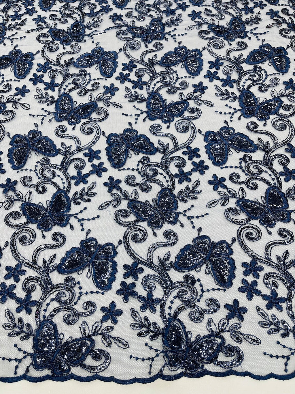 Butterfly Sequins Fabric - Navy Blue - Metallic Floral Butterfly Design on Lace Fabric By Yard