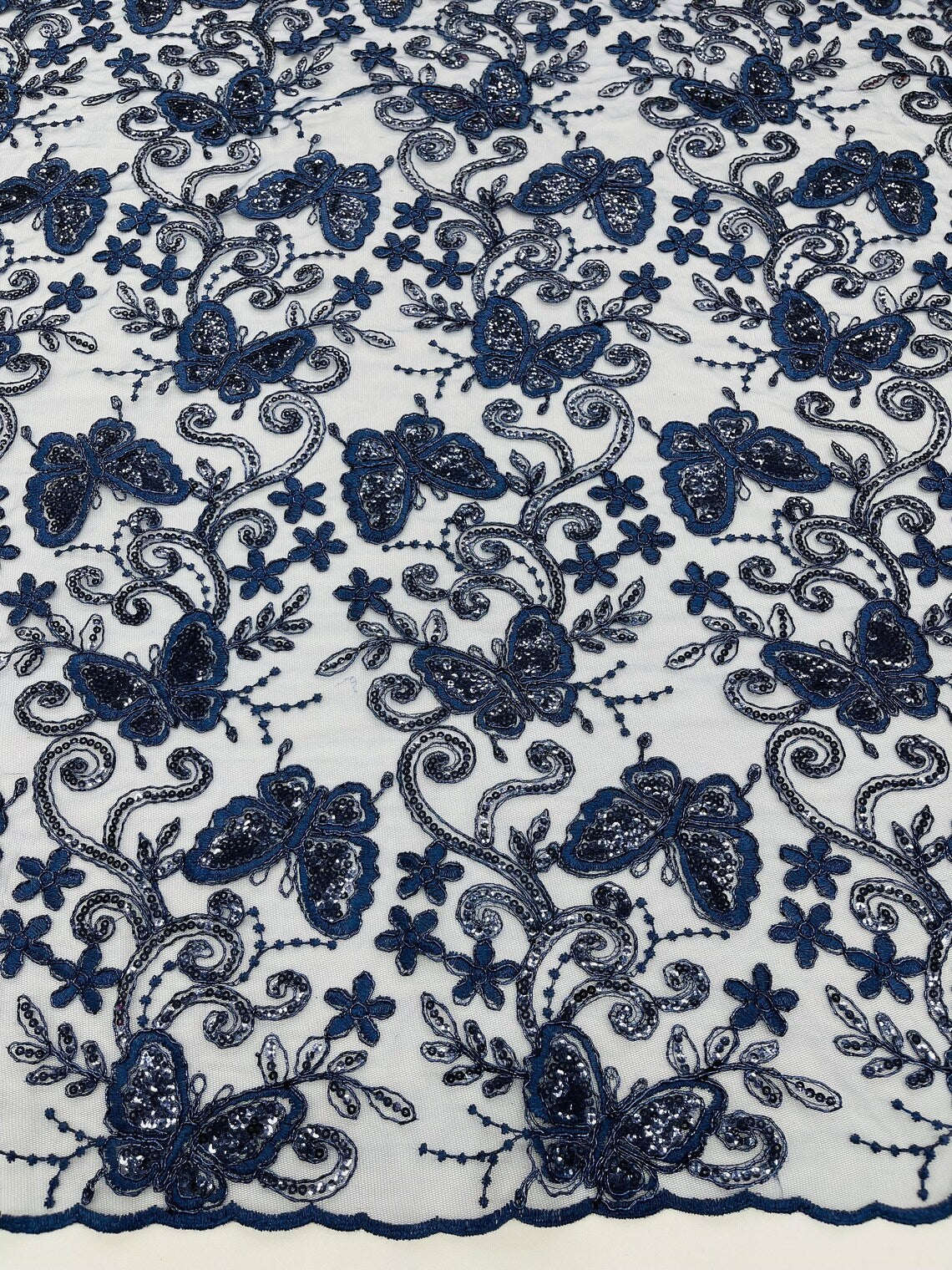 Butterfly Sequins Fabric - Navy Blue - Metallic Floral Butterfly Design on Lace Fabric By Yard