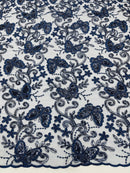 Butterfly Sequins Fabric - Navy Blue - Metallic Floral Butterfly Design on Lace Fabric By Yard