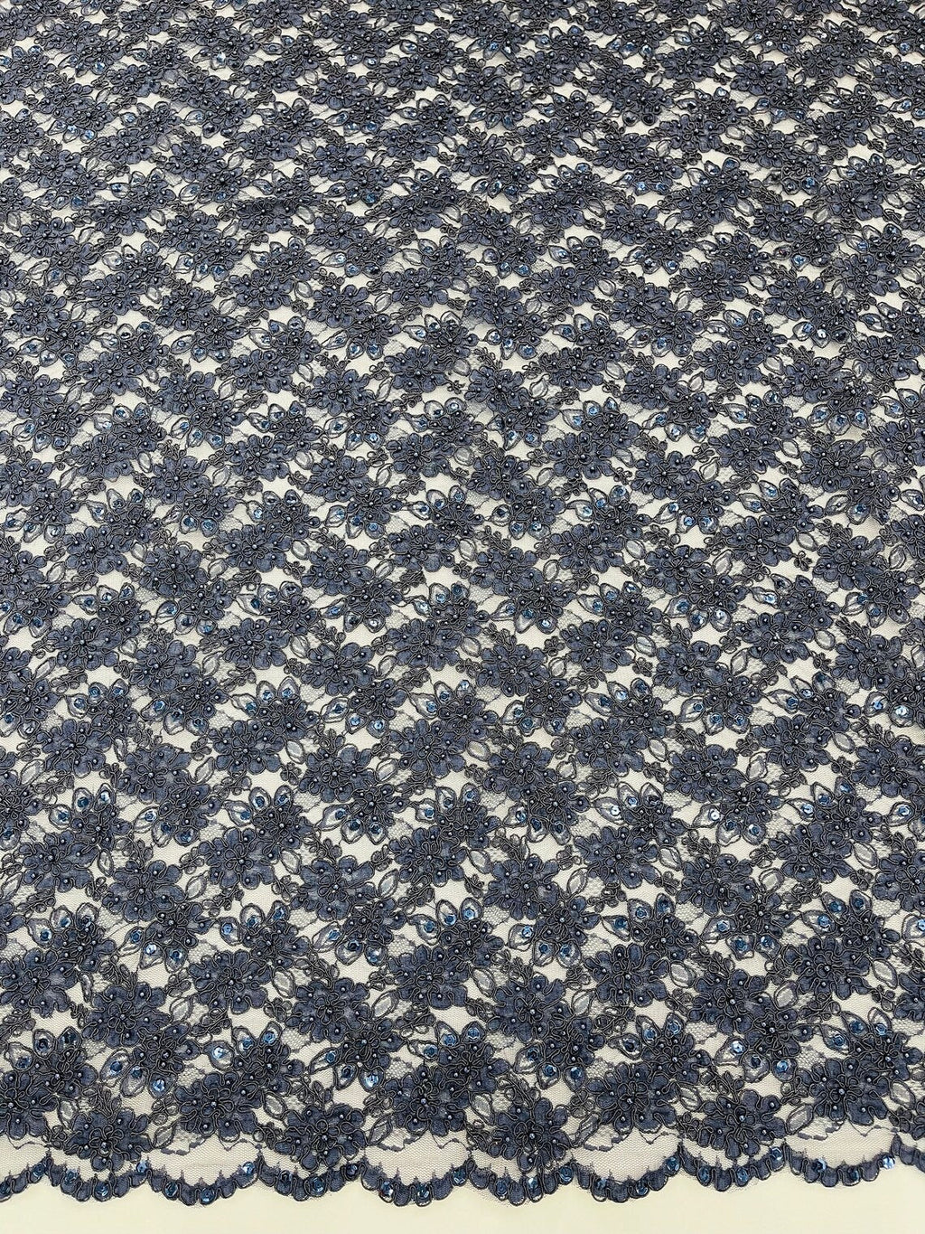 Floral Pearls and Sequins Fabric - Navy Blue - Beaded Fabric Embroidered Lace By The Yard