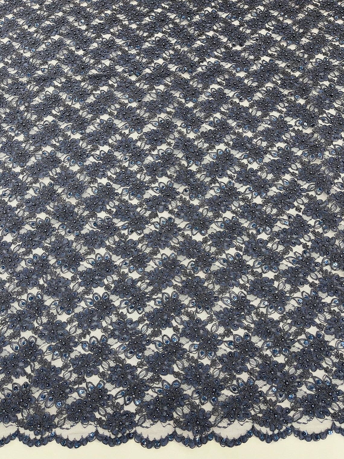 Floral Pearls and Sequins Fabric - Navy Blue - Beaded Fabric Embroidered Lace By The Yard