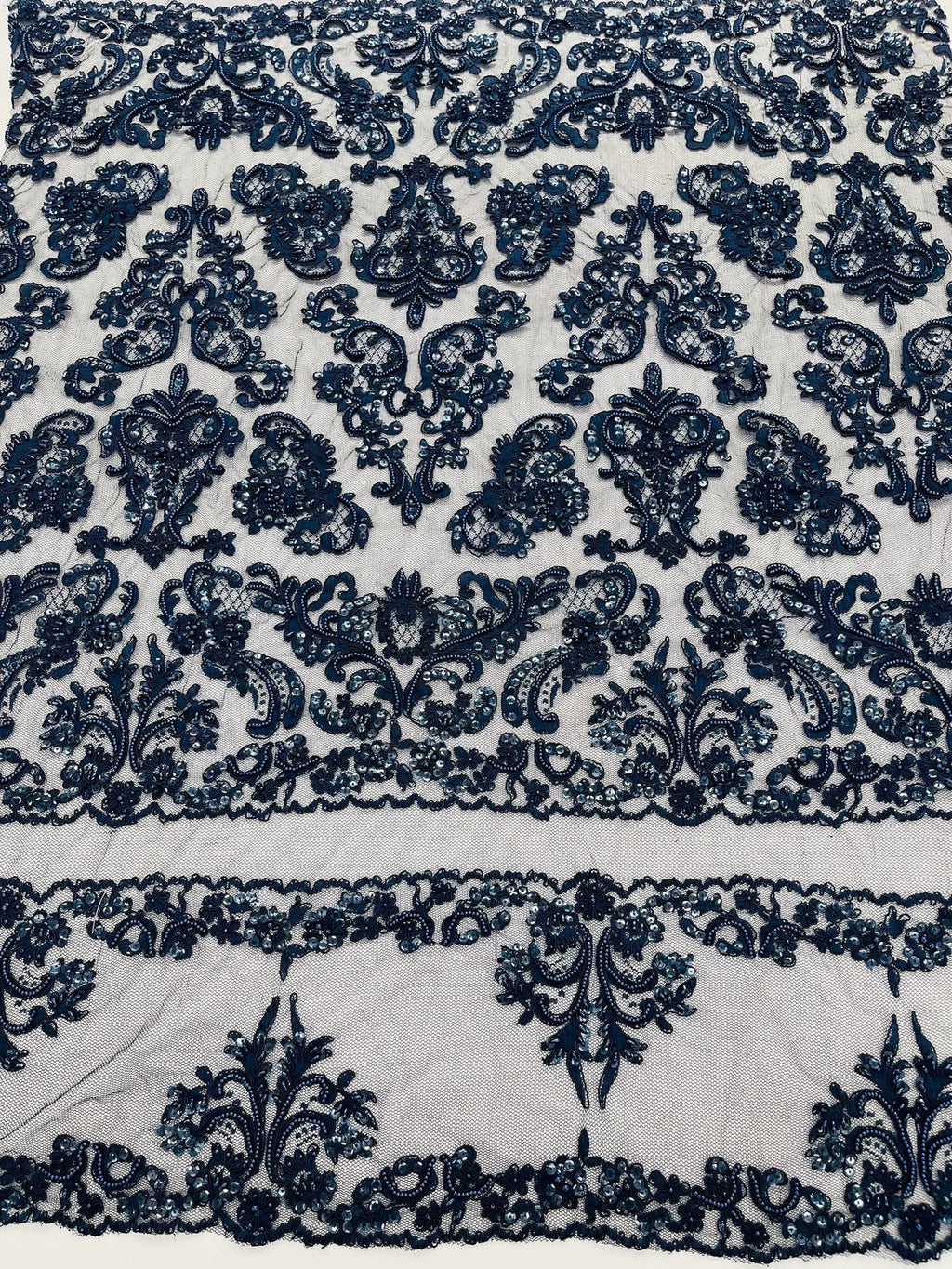 Beaded My Lady Damask Design - Navy Blue - Beaded Fancy Damask Embroidered Fabric By Yard