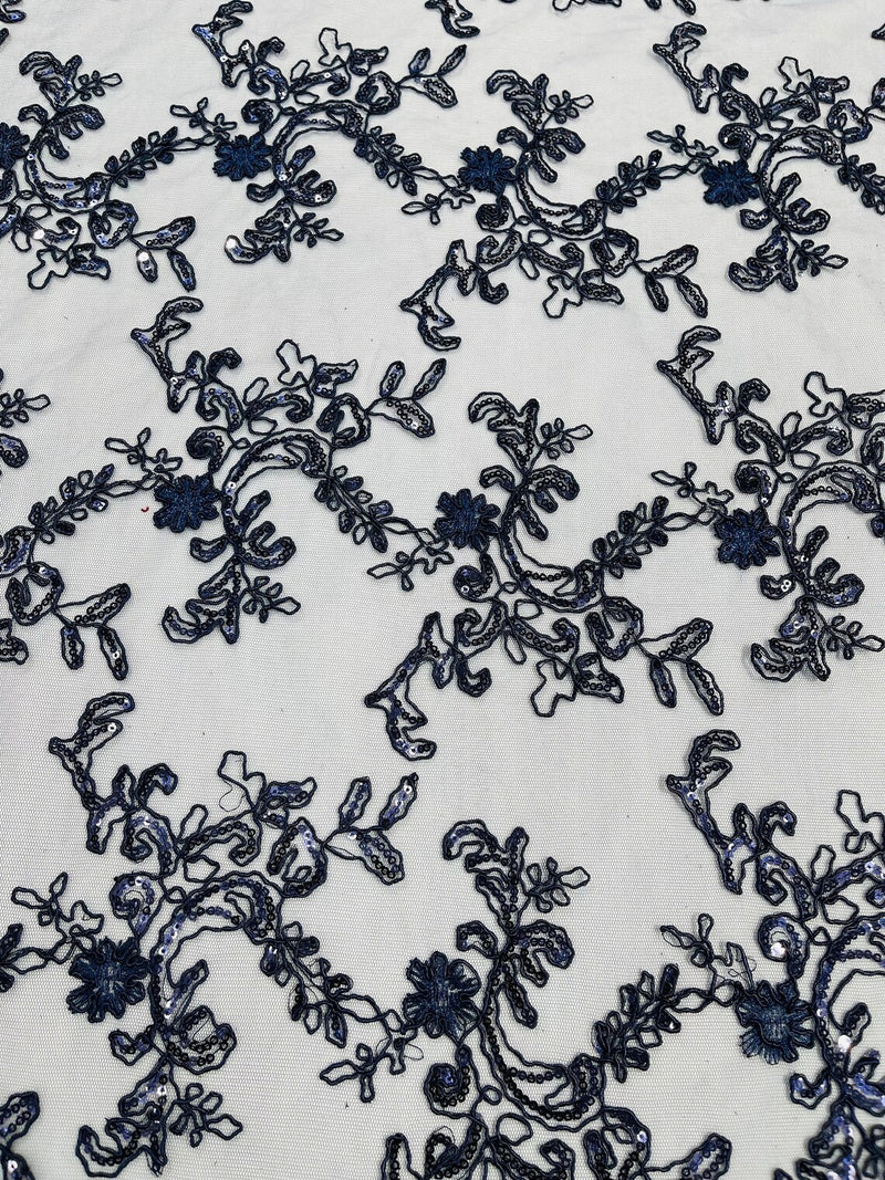 Floral Sequins Lace Fabric - Navy Blue - Embroidery Flower Clusters Design with Shiny Sequins  Fabric Sold By Yard