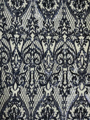 Heart Damask Sequins - Navy Blue - 4 Way Stretch Sequins Fabric By Yard