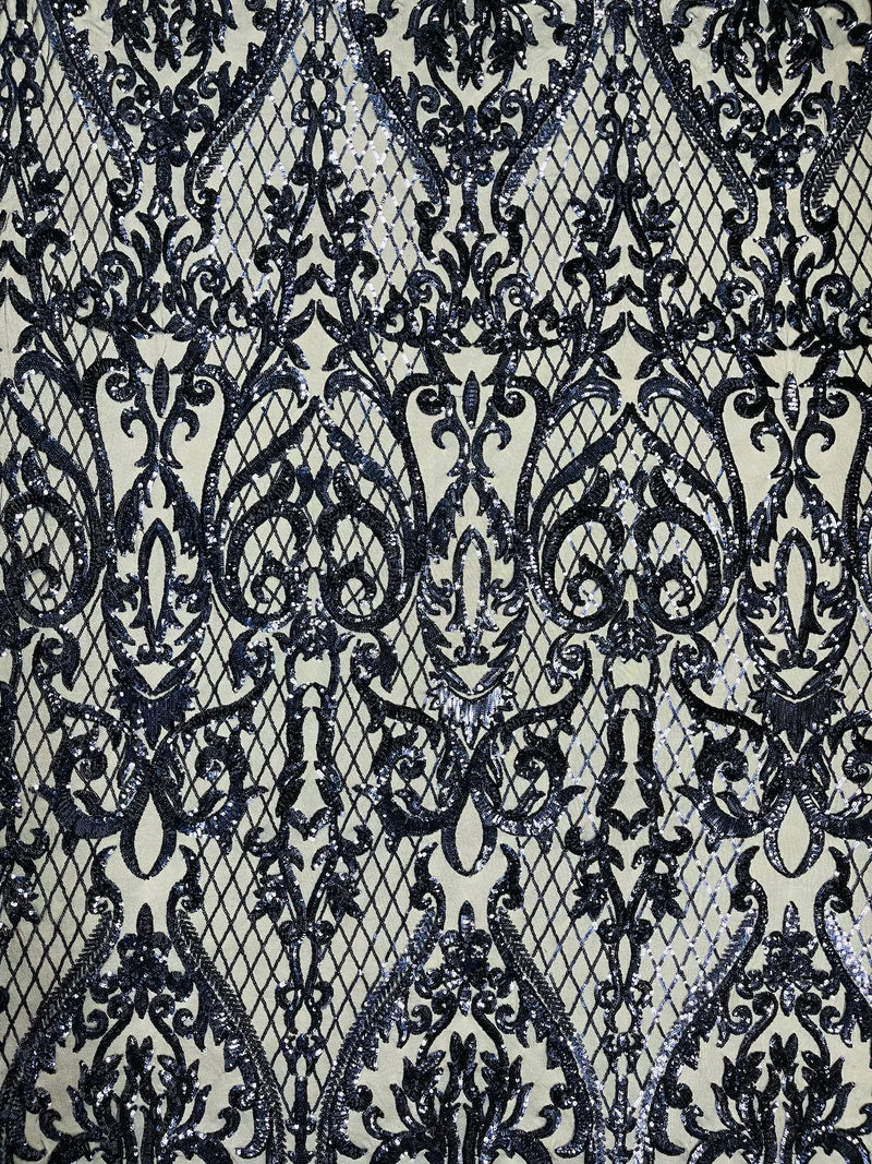 Heart Damask Sequins - Navy Blue - 4 Way Stretch Sequins Fabric By Yard