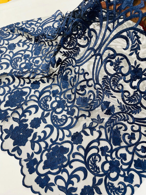 Fancy Damask Lace Fabric - Navy Blue - Embroidered Damask Design Mesh on Lace Fabric by Yard