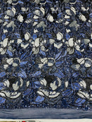 Orchid Design Sequins - Navy Blue - 4 Way Stretch Full Sequins Floral Design Mesh Fabric By Yard