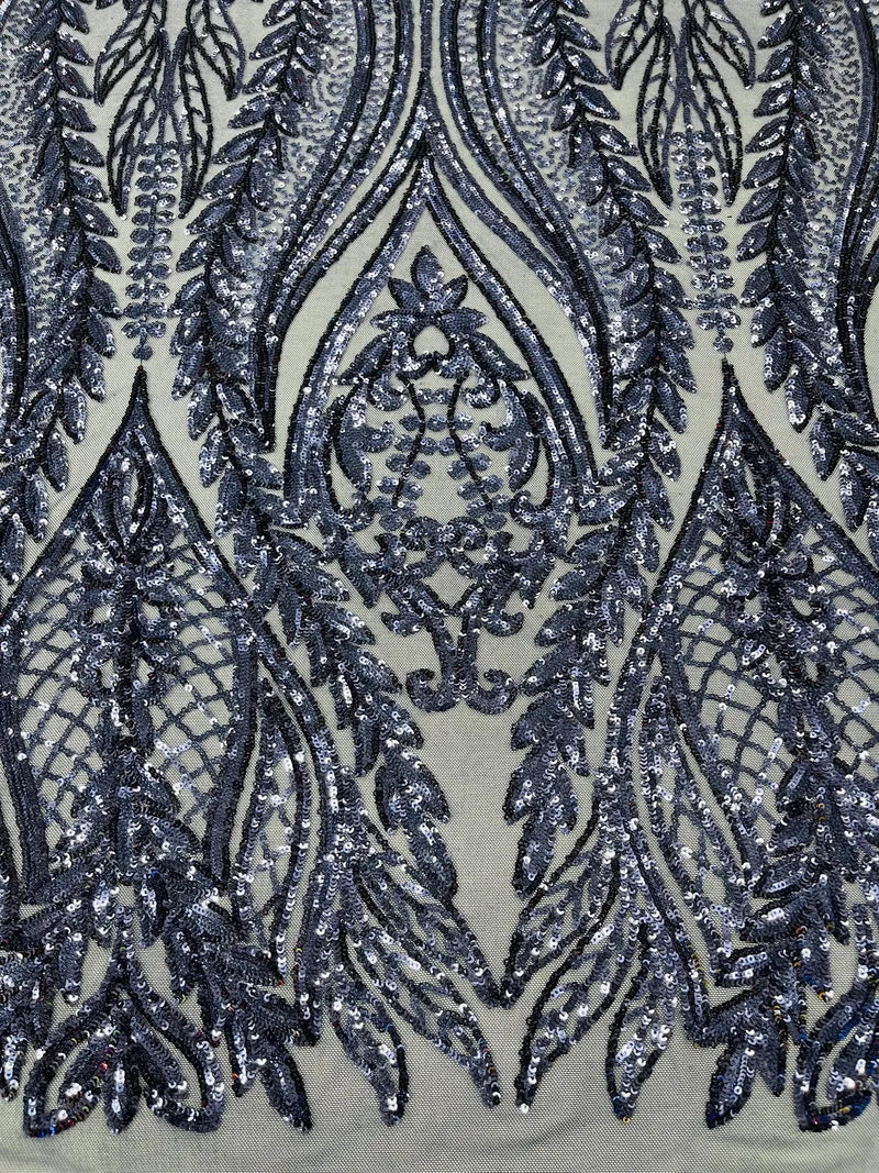 Mermaid Design Sequins Fabric - Navy Blue - Sequins Fabric 4 Way Stretch on Mesh By Yard