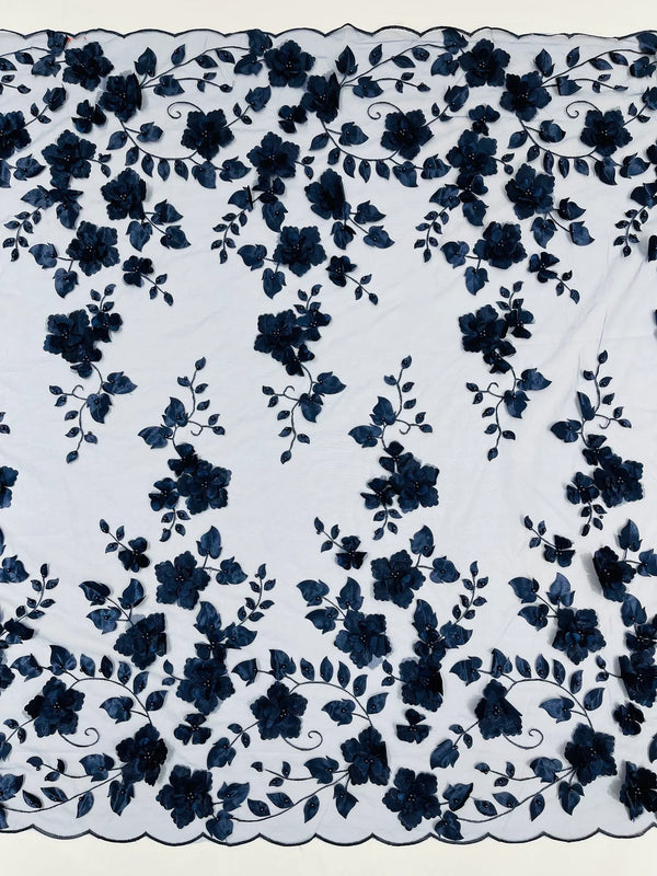 3D Floral Pearl Fabric - Navy Blue - Embroidered Floral Pearl Fabric Double Border On Mesh By Yard